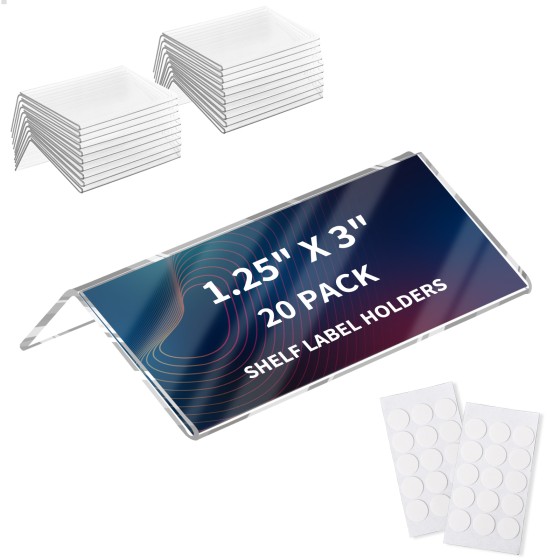 20 Pack Acrylic Rigid Shelf Label Holders for School Office Library Book Shelves Tags Shelf Labels with Sticky Dots, Transparent Tabletop Price Sign Stand for Store Bakeries (1.25x3 in)