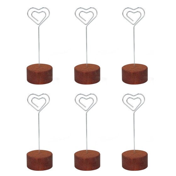 6Pack Wood Table Number Holders with Metal Clip, 4.3" Tall Place Card/Name Sign Holder, Memo Card Photo Picture Note Clip Stands for Party Restaurant (Silver Heart)