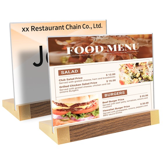 Acrylic Sign Holder 5"x7" Tabletop Display Clear Sign Board with Wood-Color Base, Horizontal for Store/Coffee Shop/Restaurant Menu Hotel/Office Display Holder, 2 Pack
