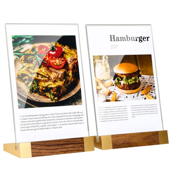2 Pack Acrylic Sign Holder 8.5x11 Inch with Wood-Color Base, Tabletop Display Sign Frame Vertical Clear for Store/Coffee Shop/Restaurant Menu Display Hotel/Office Show Exhibitions Holder