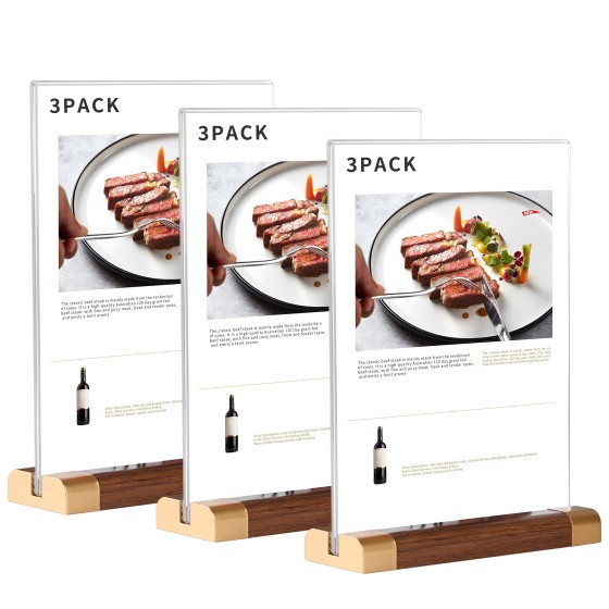 Acrylic Sign Holder 5" x 7" with Wood-Color Base, Tabletop Double-Sided Display Sign Frame Vertical Clear for Store/Coffee Shop/Restaurant Menu Hotel Display Board, 3 Pack T Shape