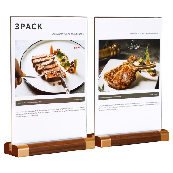 Acrylic Sign Holder 8.5 x 11 with Wood-Color Base, Acrylic Tabletop Double-Sided Display Sign Frame Vertical Clear for Store/Coffee Shop/Restaurant Menu Hotel Display Holder, 3 Pack T Shape
