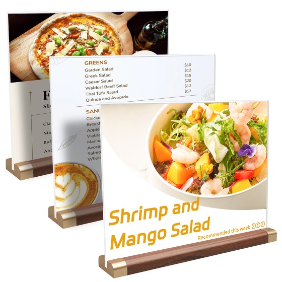 Acrylic Sign Holder 8.5 x 11 with Wood Color Base, 3 Pack Clear Tabletop Double-Sided T Shape Display Sign Frame Horizontal for Store/Coffee Shop/Office/Hotel Business Display Holde